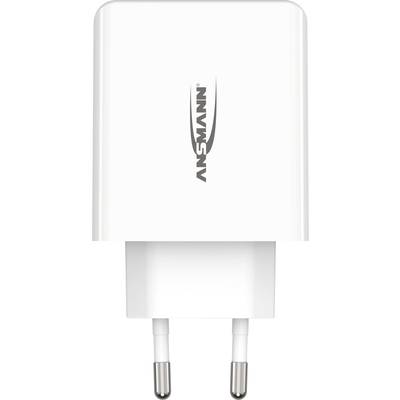 Ein weißes USB-Ladegerät mit der Aufschrift 'ANSMANN' auf der Vorderseite, EU-Stecker unten. Geeignet für elektronische Geräte.