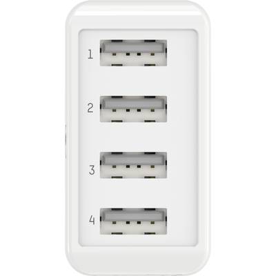 Weiße USB-Ladegerät mit vier nummerierten USB-Anschlüssen in zwei Reihen.