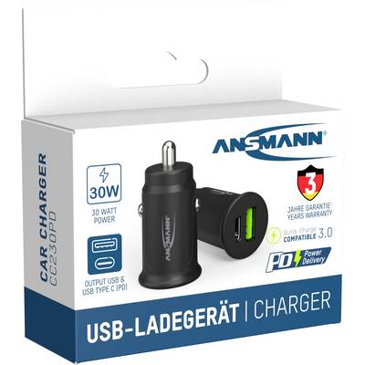 'Ansmann' Auto-Ladegerät, 30 Watt Leistung, kompatibel mit USB Typ C, Quick Charge 3.0, 3 Jahre Garantie, schwarze Farbe.