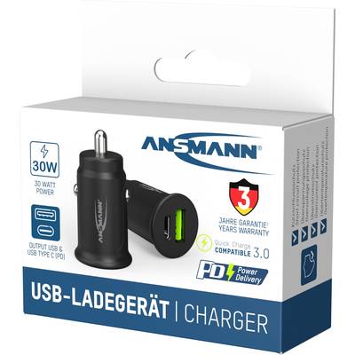 Kartonverpackung eines schwarzen Kfz-USB-Laders mit 30 Watt Leistung, Schnellladefunktion, PD kompatibel, 3 Jahre Garantie.
