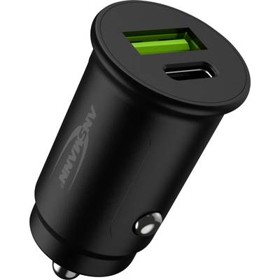 Ein schwarzes USB-Autoladegerät mit einem USB-C- und einem USB-A-Anschluss, für das Laden von Geräten unterwegs.