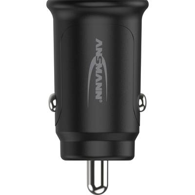 Schwarzes USB-Autoladegerät mit silbernem Stecker und Markenlogo in der Mitte. Designed für den Zigarettenanzünder im Auto.