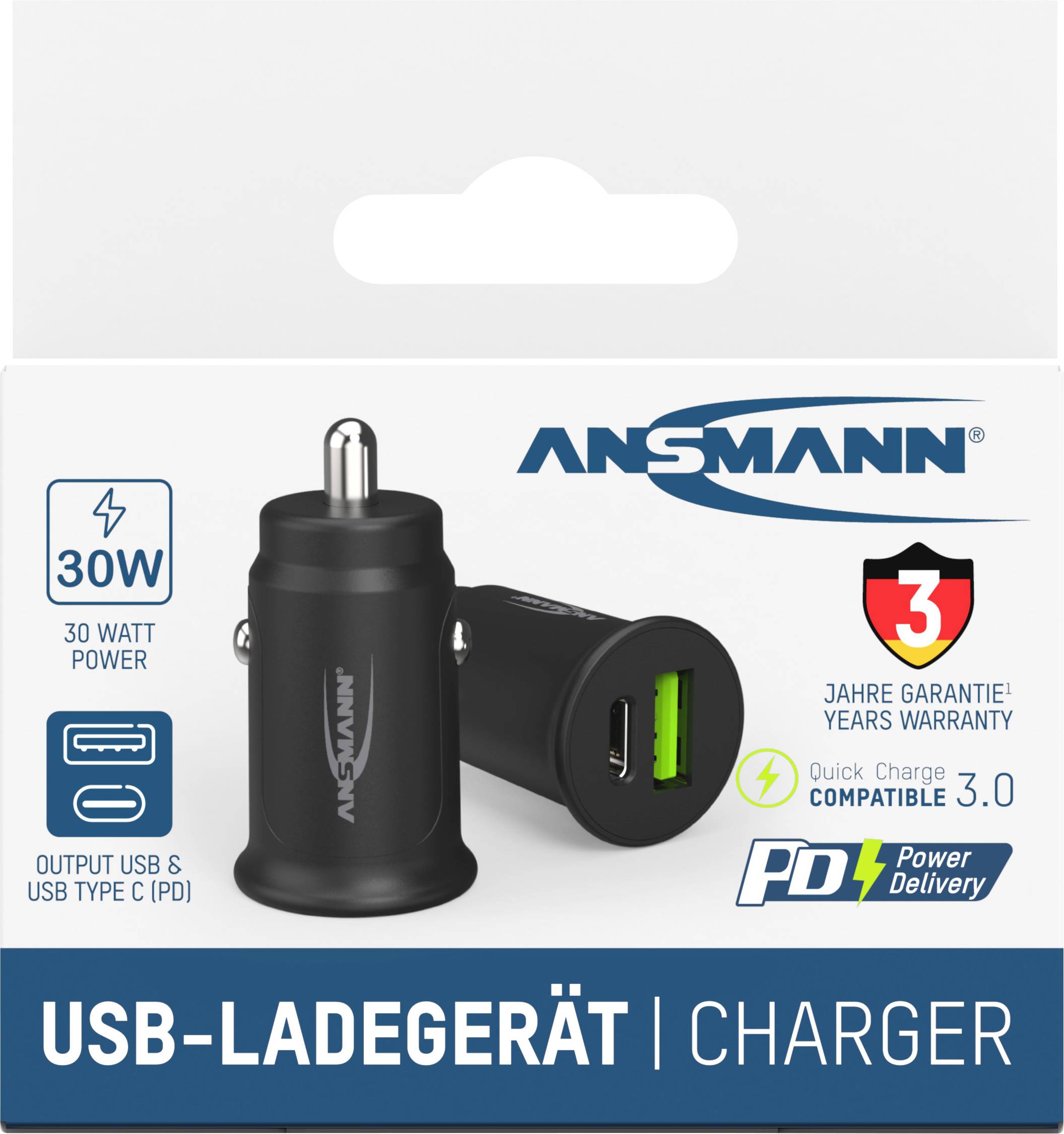 USB-Ladegerät mit 30 Watt Leistung, schwarzes Design. Zwei Anschlüsse: USB-C PD und USB Quick Charge 3.0. 3 Jahre Garantie.