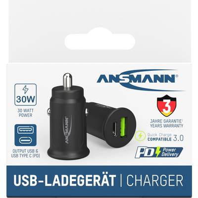 USB-Ladegerät mit 30 Watt Leistung, schwarzes Design. Zwei Anschlüsse: USB-C PD und USB Quick Charge 3.0. 3 Jahre Garantie.