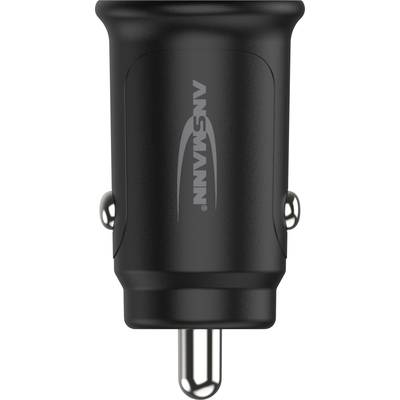 Schwarzer Autoadapter mit silbernem Stecker und 'Ansmann'-Logo in der Mitte, für USB-Geräte konzipiert, kompakte Bauweise.