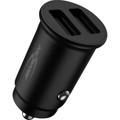 Schwarzes USB-Autoladegerät mit zwei Anschlüssen, geeignet zum gleichzeitigen Laden mehrerer Geräte während der Fahrt.