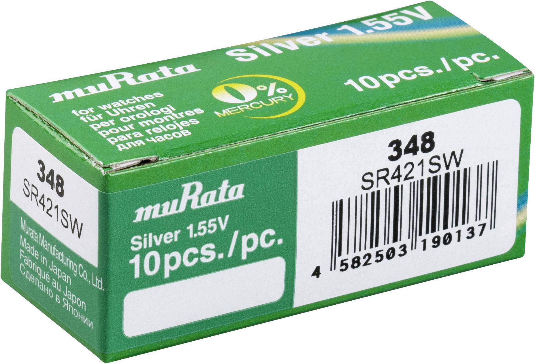 Grüne Verpackung einer 1,55V Silberoxid-Knopfzelle SR421SW von muRata, enthält 10 Stück.