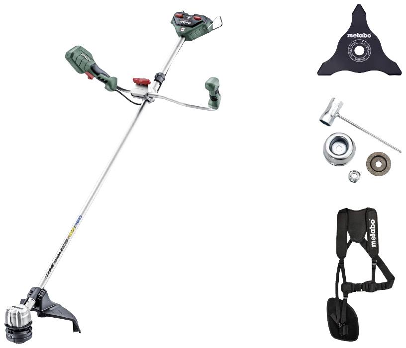 'Motorsense mit Zubehör: dreiarmiges Messer, Werkzeug und Tragegurt.'