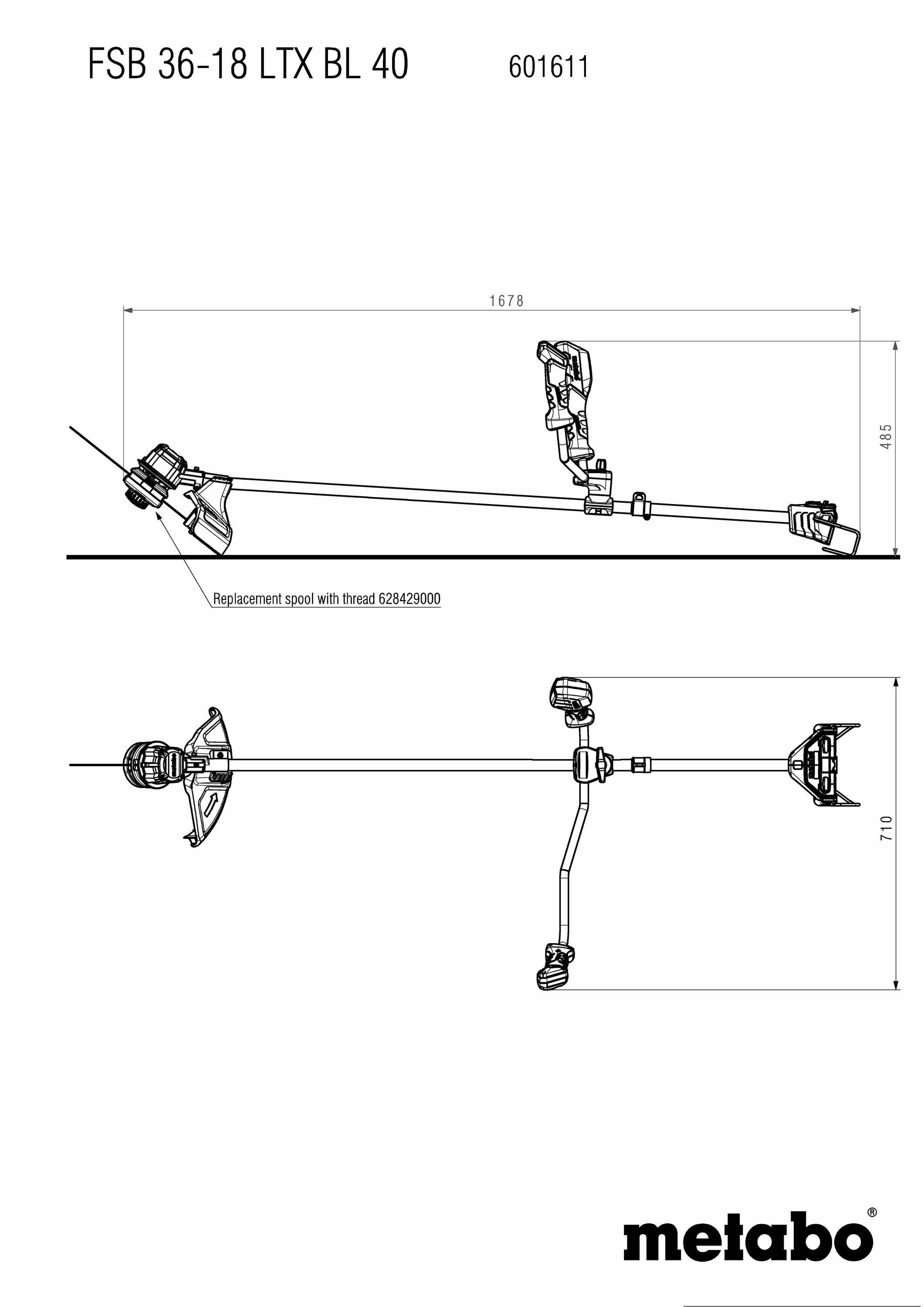 Seitenansicht einer Metabo Motorsense FSB 36-18 LTX BL 40 mit Ersatzteilbeschriftung, zeigt Konstruktionsdetails und Maße.
