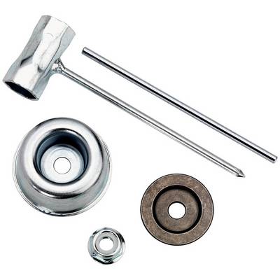 Metallkappsatz mit Hammer, Stange, Unterlegscheiben und Muttern, auf weißem Hintergrund angeordnet.