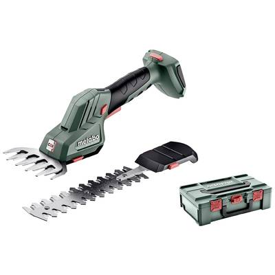 Akkubetriebene Gartenschere mit grün-schwarzem Körper, zusätzlichem Kammaufsatz und grünem Transportkoffer. Ideal für Heckenpflege.