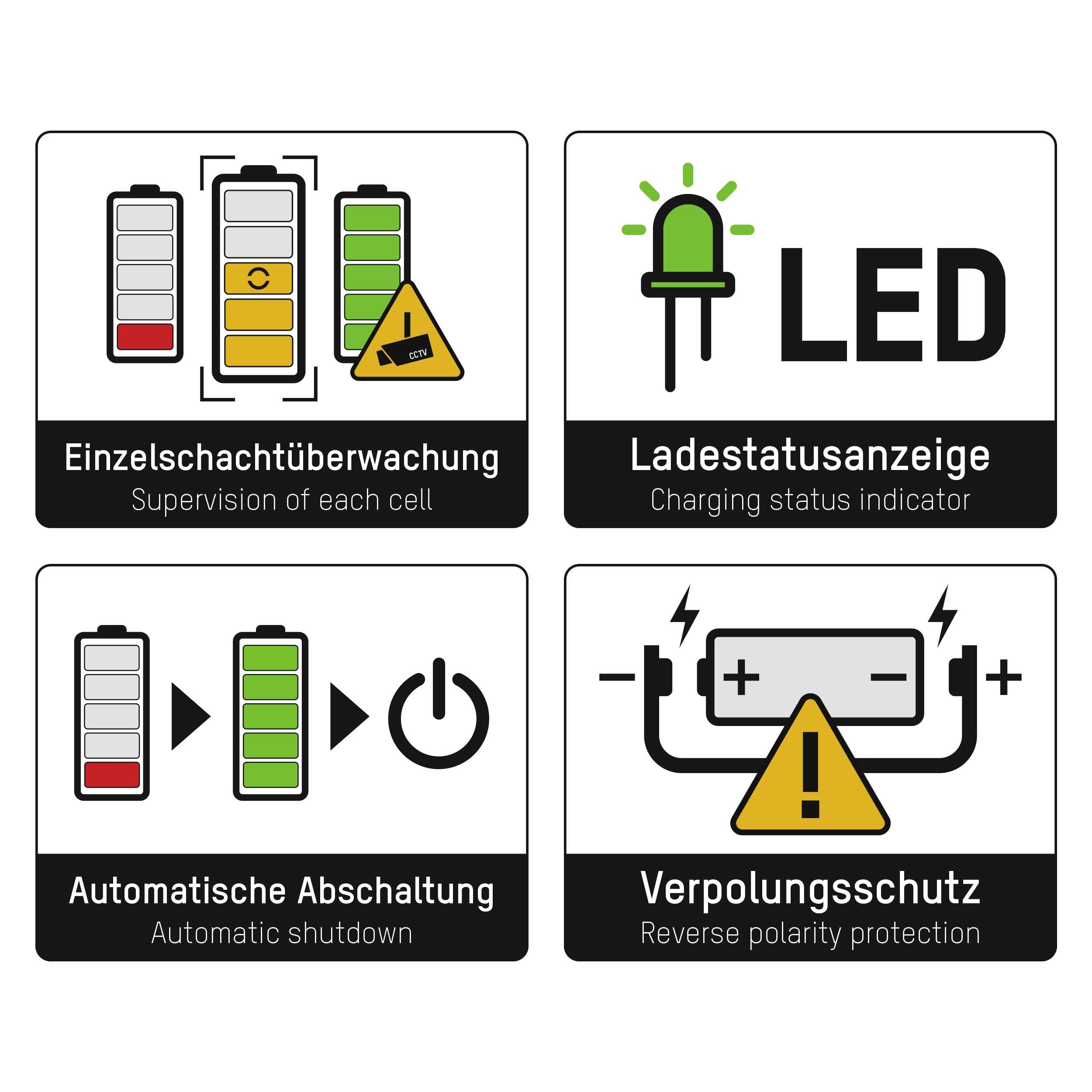 'Vier Symbole mit Text: Einzelschachtüberwachung, Ladestatusanzeige, Automatische Abschaltung, Verpolungsschutz.'