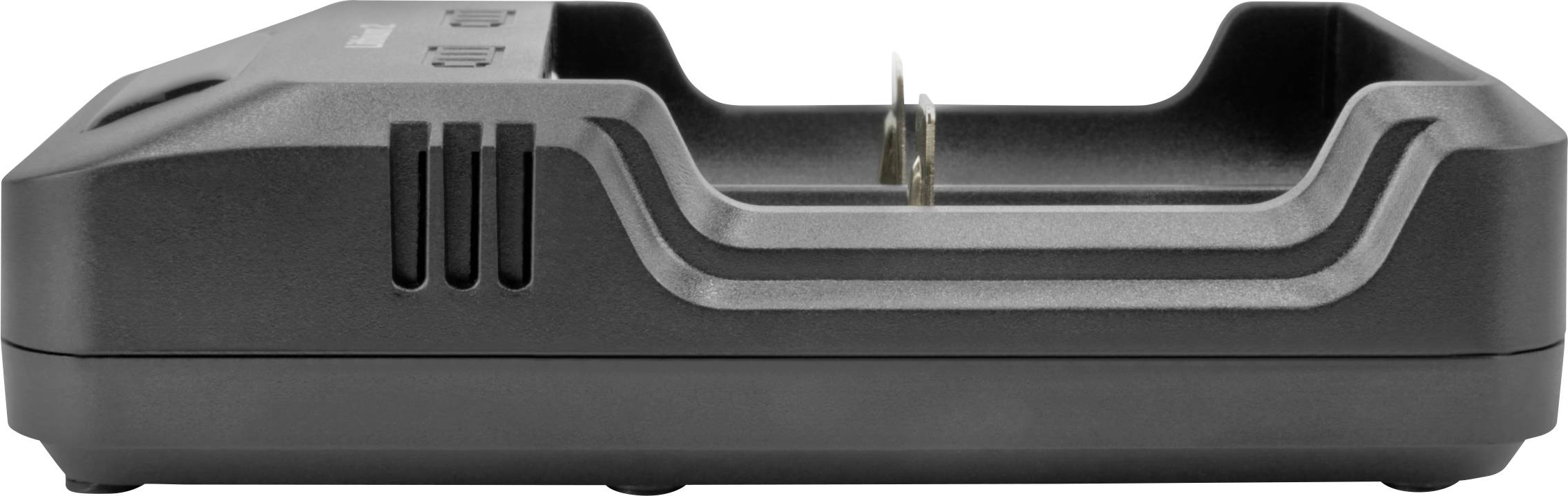 Schwarzes Batterieladegerät aus Kunststoff mit zwei Schlitzen, seitlicher Ansicht.