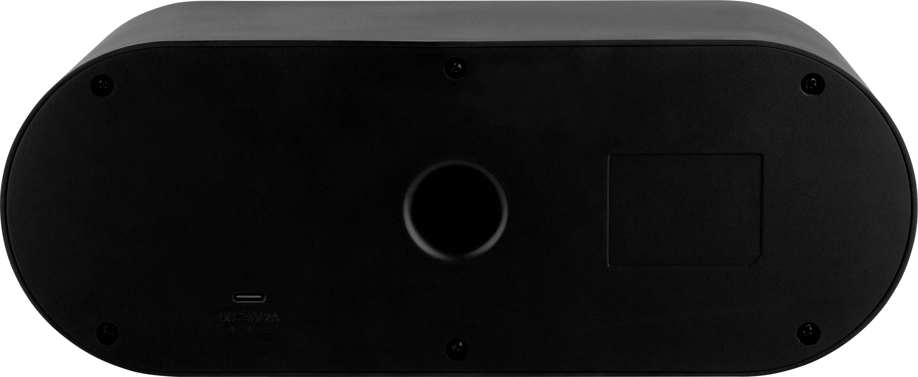 Schwarzes, längliches, ovales Gerät mit zentralem Loch und USB-C-Anschluss, Ansicht von unten.