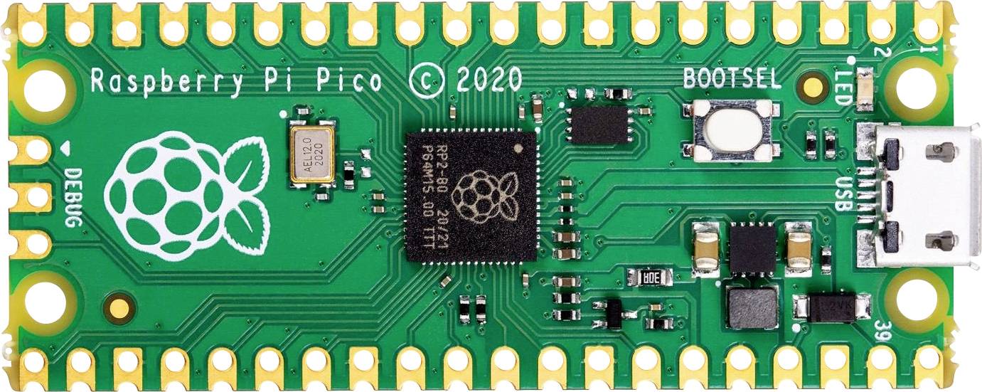 'Mikrocontroller-Platine mit Raspberry Pi Pico-Logo, USB-Anschluss und mehreren Anschlusspunkten, geeignet für Elektronikprojekte.'