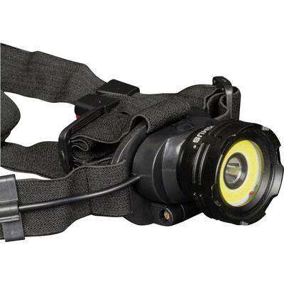 Eine schwarze Stirnlampe mit verstellbarem Kopfband und gelbem LED-Ring, geeignet für Outdoor-Aktivitäten und Nachtwanderungen.