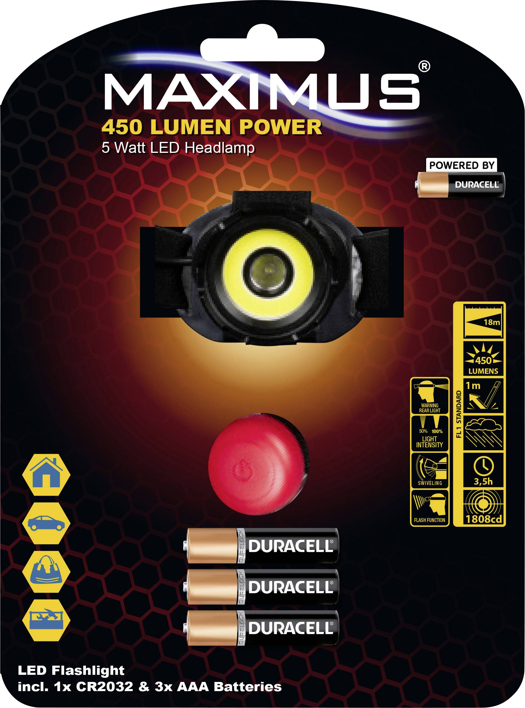 'Maximus 450 Lumen' LED-Stirnlampe auf Verpackung, inkl. Batterien; 5 Watt Leistung. Batterien: 1x CR2032, 3x AAA Duracell.