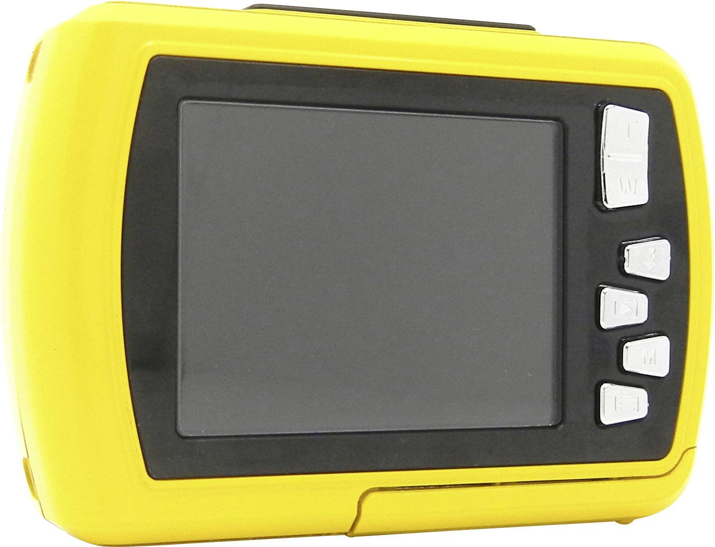 Ein tragbares elektronisches Gerät mit gelbem Gehäuse und schwarzem Display. Rechts befinden sich fünf Funktionstasten.