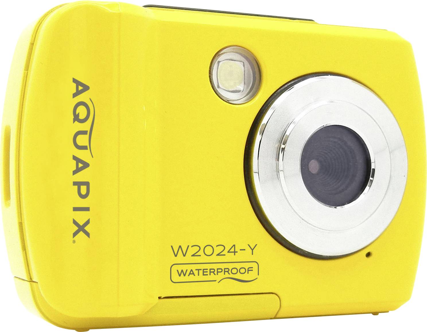 Gelbe, wasserdichte Digitalkamera von Aquapix, Modell W2024-Y, mit rundem Objektiv und Blitz rechts neben dem Objektiv.