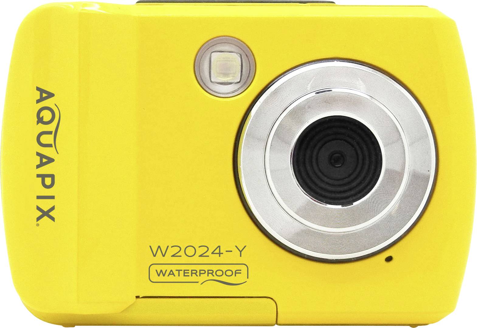 Gelbe, wasserdichte Digitalkamera mit Aufschrift 'Aquapix W2024-Y'. Hauptlinse und Blitzlicht sichtbar. Ideal für Outdoor-Fotografie.