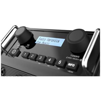 Ein Radio mit Display zeigt den Text 'Radio Veronica Pop Music'. Das Bedienfeld hat Tasten von 0 bis 5 und Knöpfe für Tuning und Lautstärke.
