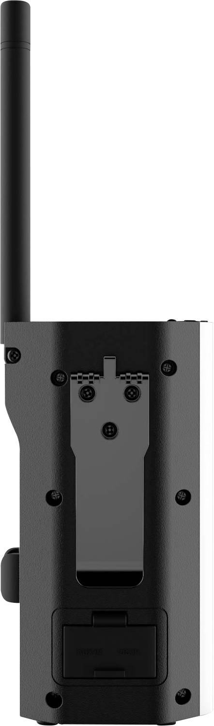 Ein schwarzes Walkie-Talkie von hinten, zeigt die Antenne und den Gürtelclip. Keine weiteren Bedienelemente sichtbar.