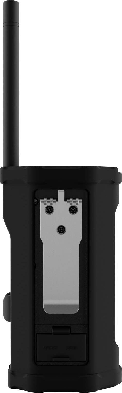 Ein schwarzes Handfunkgerät mit einer aufrechten Antenne und einer Metallhalterung auf der Rückseite.