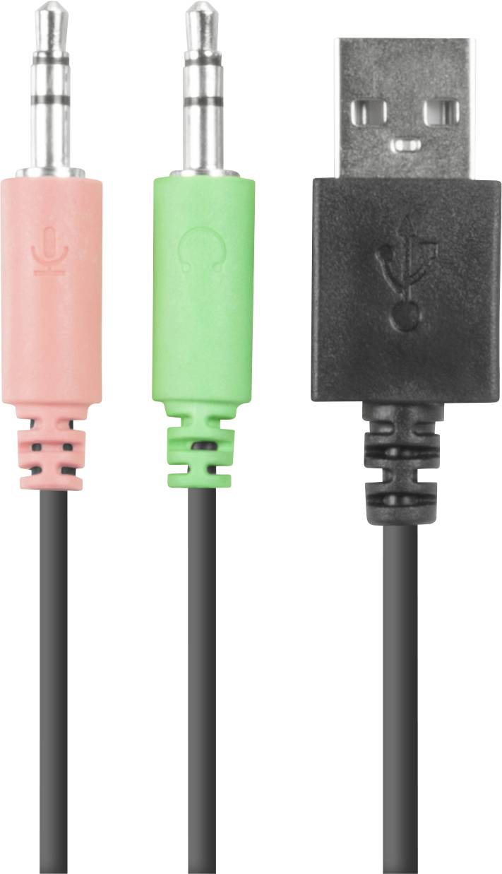 Drei Kabelanschlüsse: roter und grüner Klinkenstecker für Audio, daneben ein schwarzer USB-Stecker für Datenverbindung.