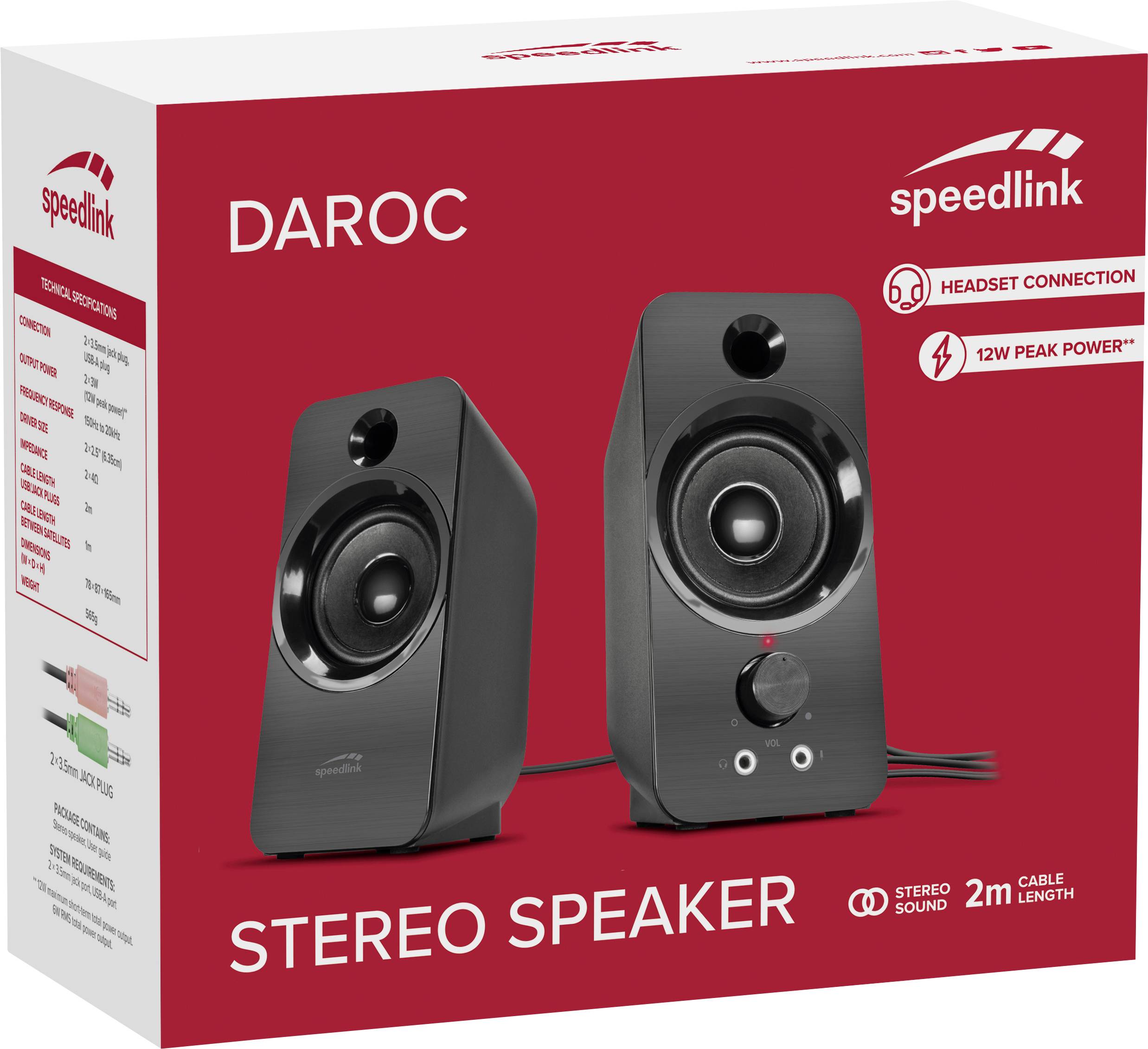 Stereo-Lautsprecher-Verpackung in Rot mit der Aufschrift 'DAROC' und 'Stereo Speaker'. Enthält Informationen zur Kopfhöreranschluss-Funktion und 12W Leistung.