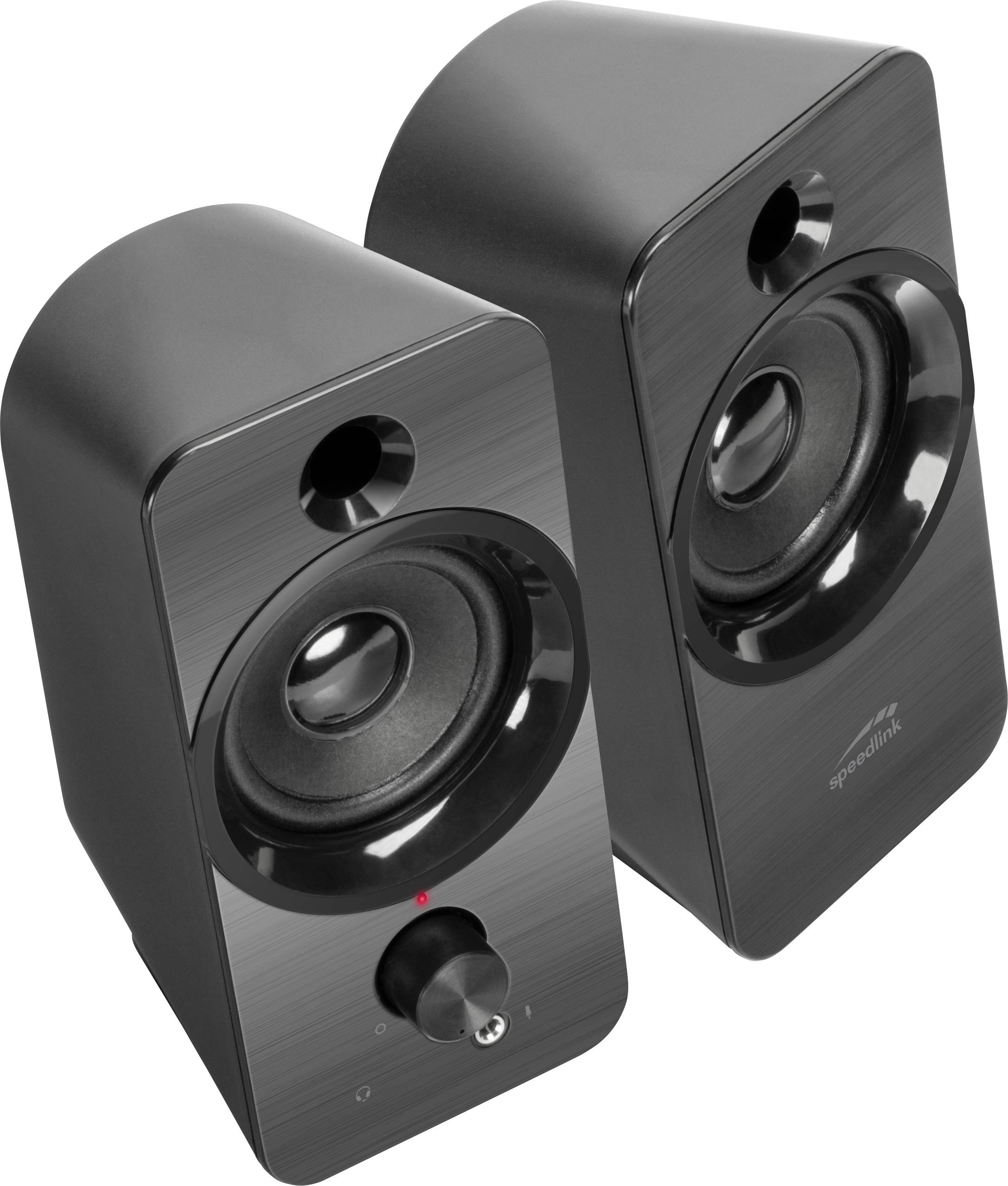 Schwarze Lautsprecher mit glänzender Vorderseite. Ein Lautsprecher zeigt eine Lautstärkeregelung und eine LED-Anzeige.