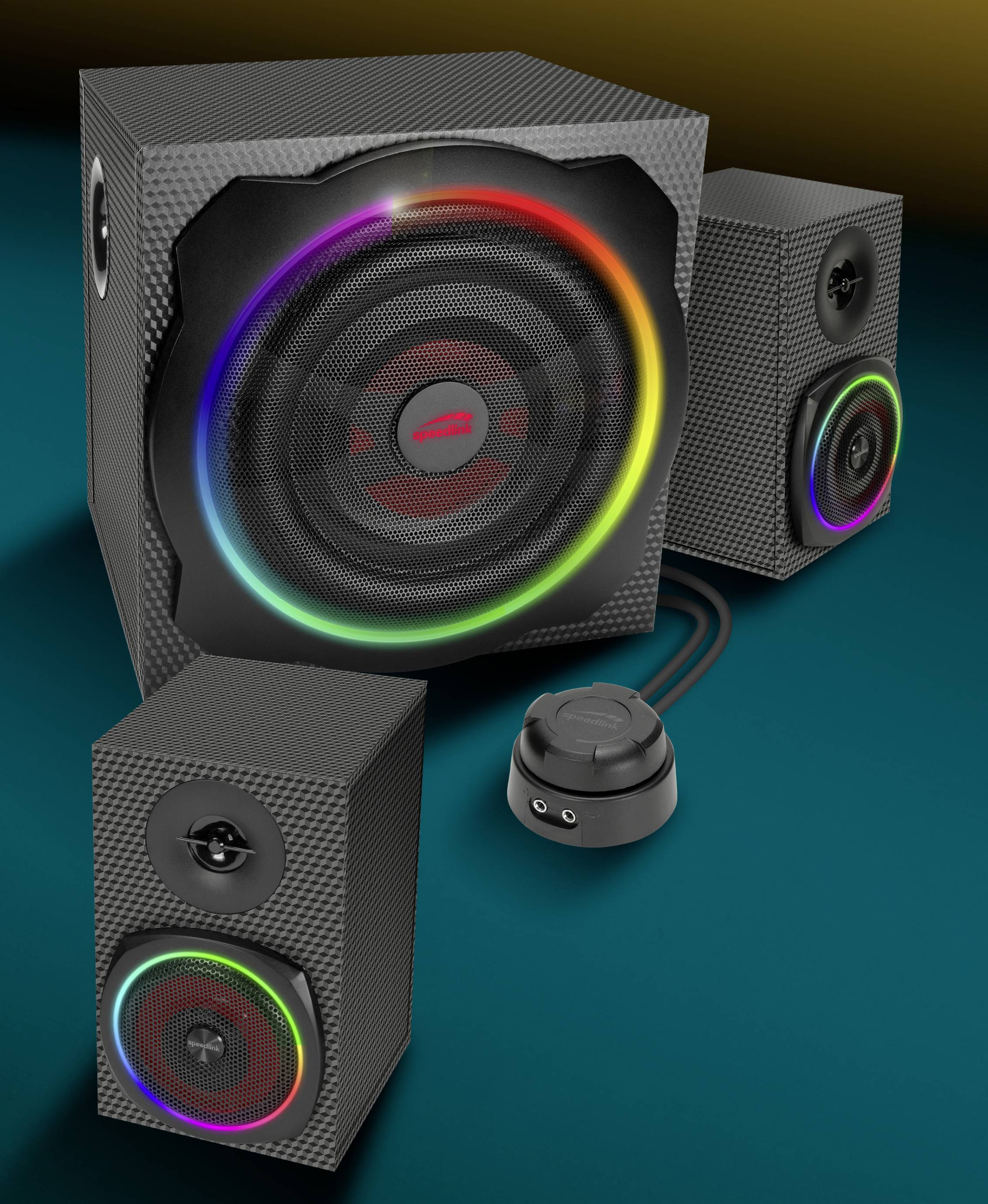 Dreiteiliges Lautsprechersystem mit LED-Beleuchtung in verschiedenen Farben, bestehend aus einem Subwoofer und zwei kleineren Lautsprechern.