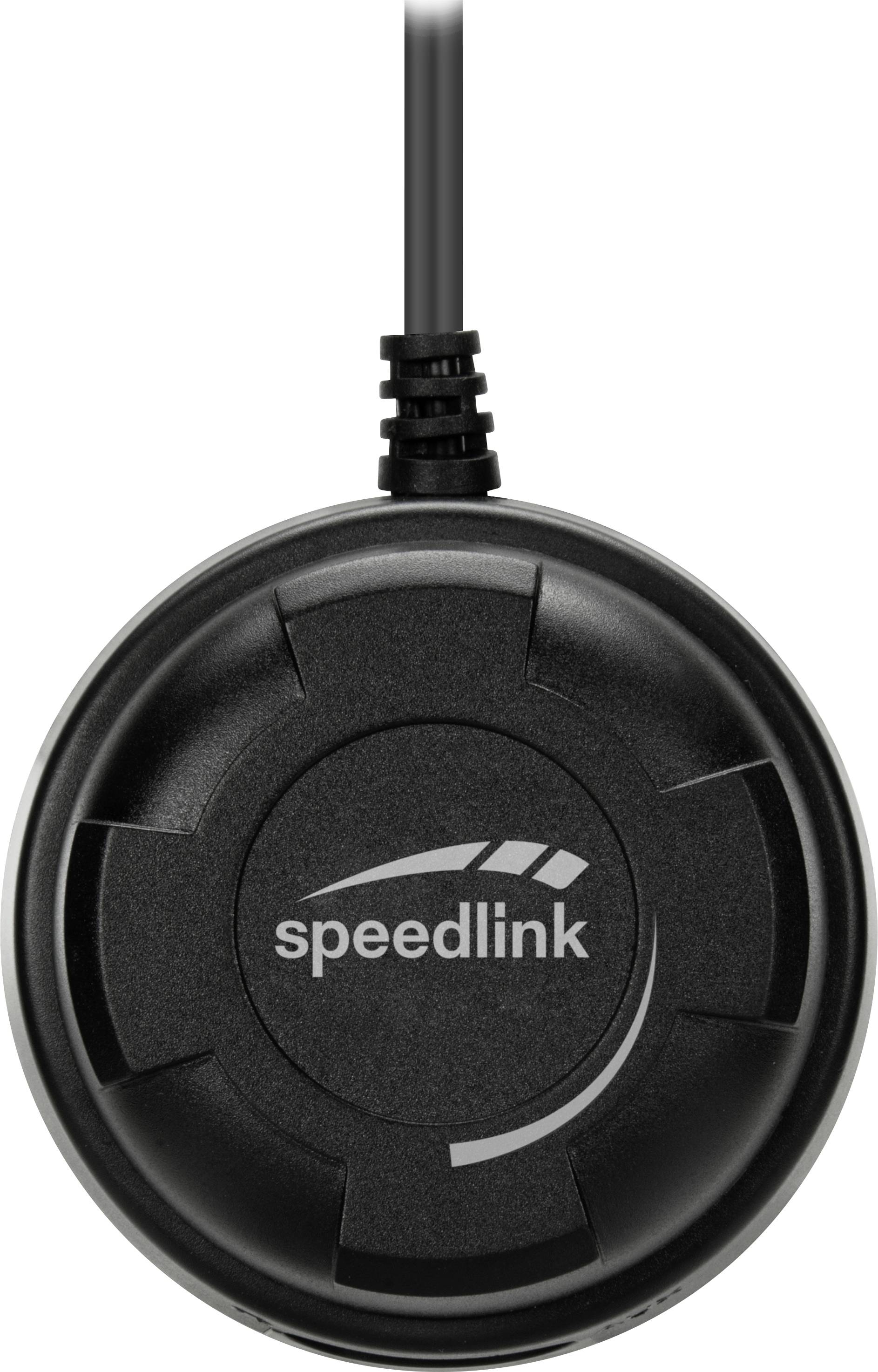 Schwarzer runder Gamecontroller mit Kabel. 'Speedlink'-Logo in der Mitte sichtbar.