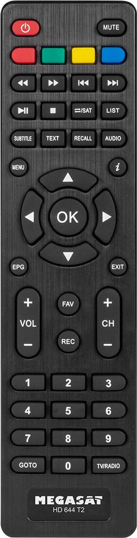 Schwarze TV-Fernbedienung der Marke Megasat mit farbigen Power-, Mute-Tasten und nummerischen Tasten. In der Mitte ein runder Navigationsteil mit 'OK'.