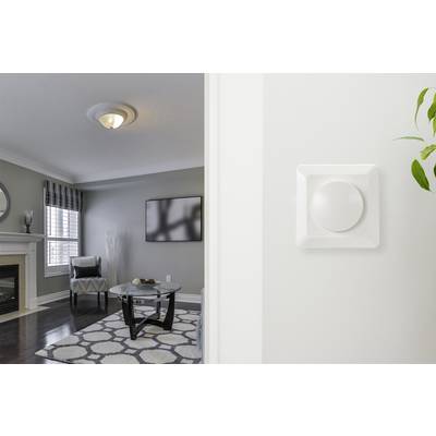 Thermostat an weißer Wand, im Hintergrund modernes Wohnzimmer mit Kamin, Sessel und Couchtisch auf Teppich, hellgraue Wände.