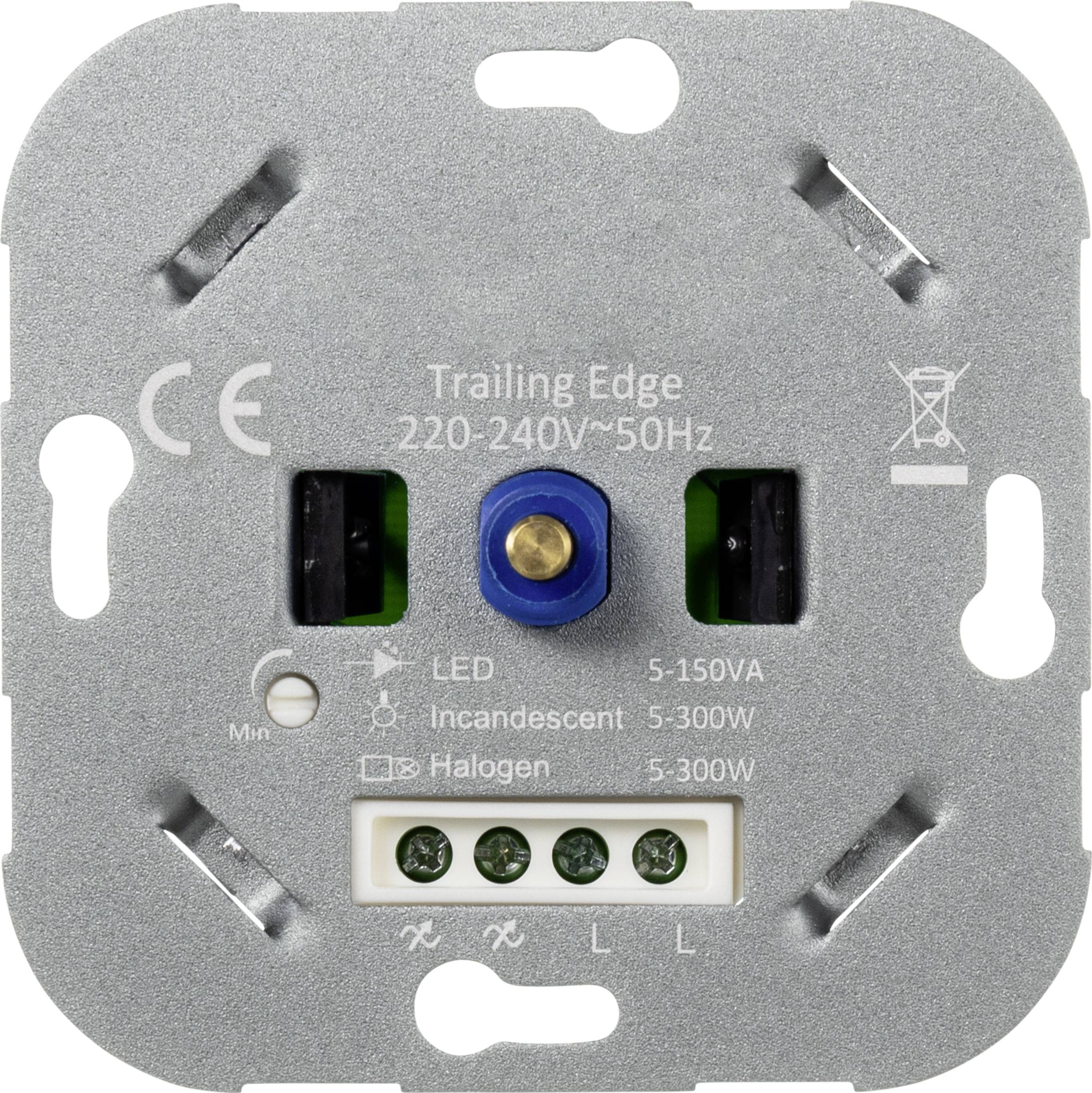 Dimmer-Schalter mit Aufschrift 'Trailing Edge 220-240V~50Hz'. Geeignet für LED, Glühlampen und Halogenlampen, 5-300W.