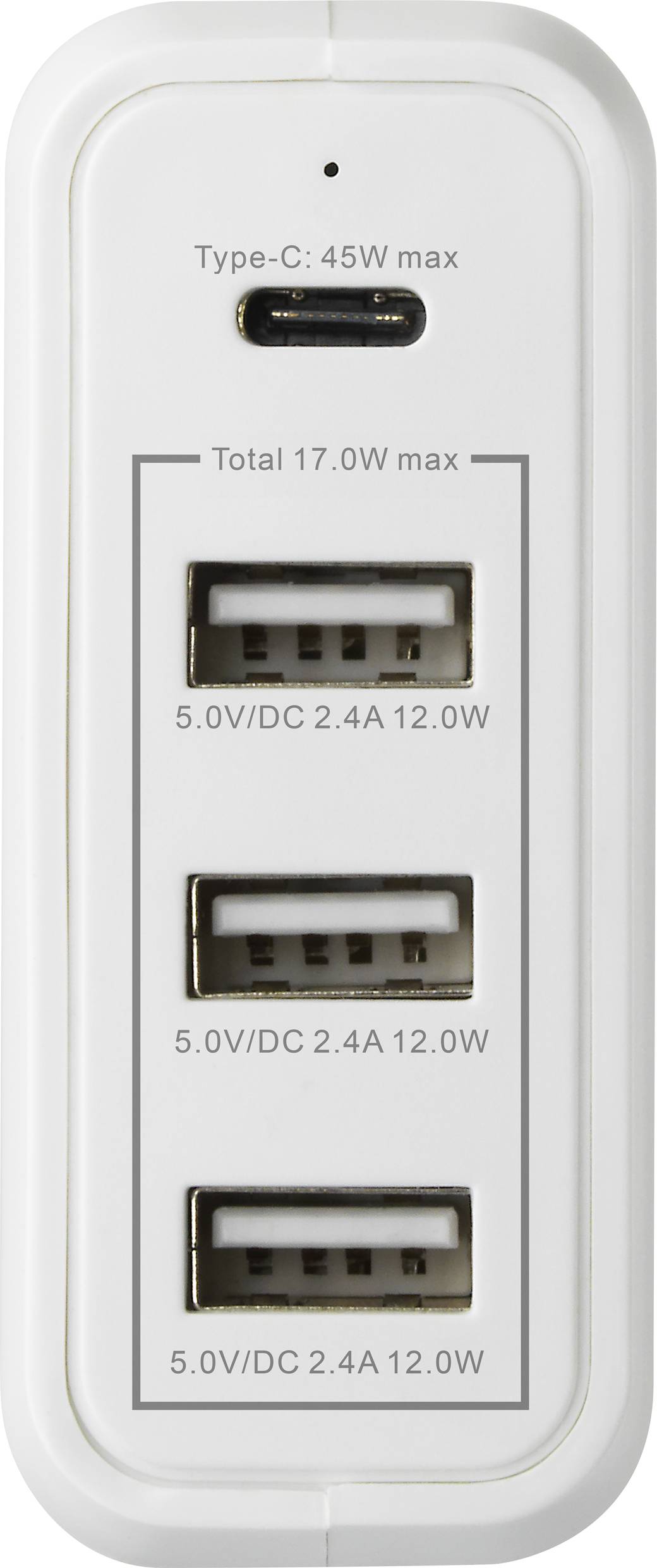 Ein Ladegerät mit vier Anschlüssen: ein USB-C oben (maximal 45W) und drei USB-A darunter (jeweils 5V/2.4A, 12W maximal gesamt 17W).