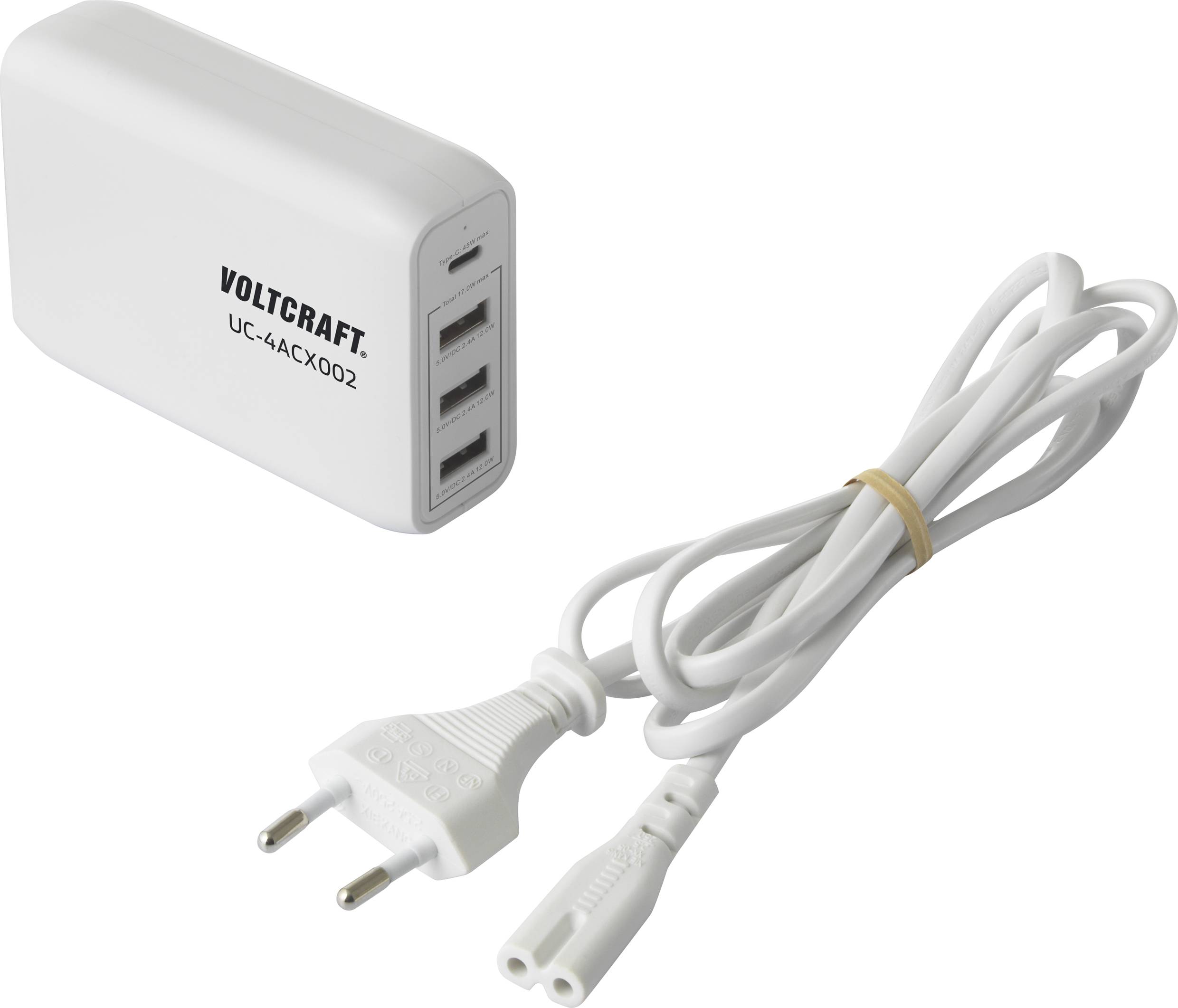 Weißes, rechteckiges USB-Ladegerät mit drei Anschlüssen und zugehörigem Netzkabel.
