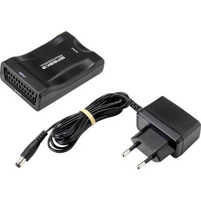 Ein schwarzer Steckadapter mit mehreren Steckplätzen und einem separaten Netzteil mit einem europäischen Stecker.