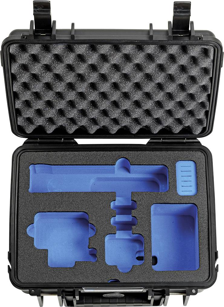 Schwarzer Transportkoffer mit offenem Deckel zeigt blaue, passgenaue Einsätze aus Schaumstoff für den sicheren Transport von empfindlichen Geräten.
