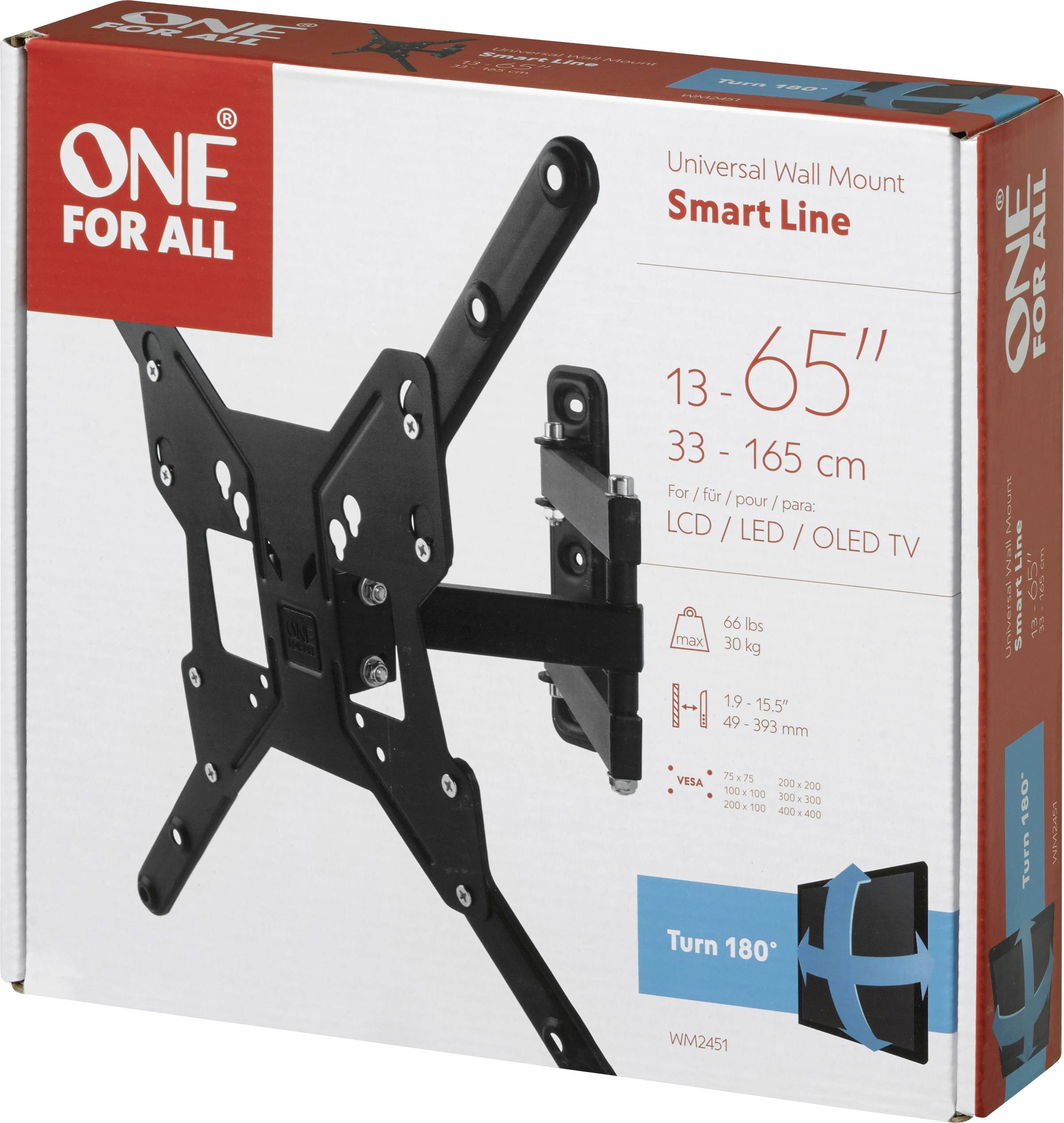'One For All' Wandhalterung für TVs von 33-165 cm, schwenkbar bis 180°, geeignet für LCD/LED/OLED, bis 30 kg, Modell WM 2451.