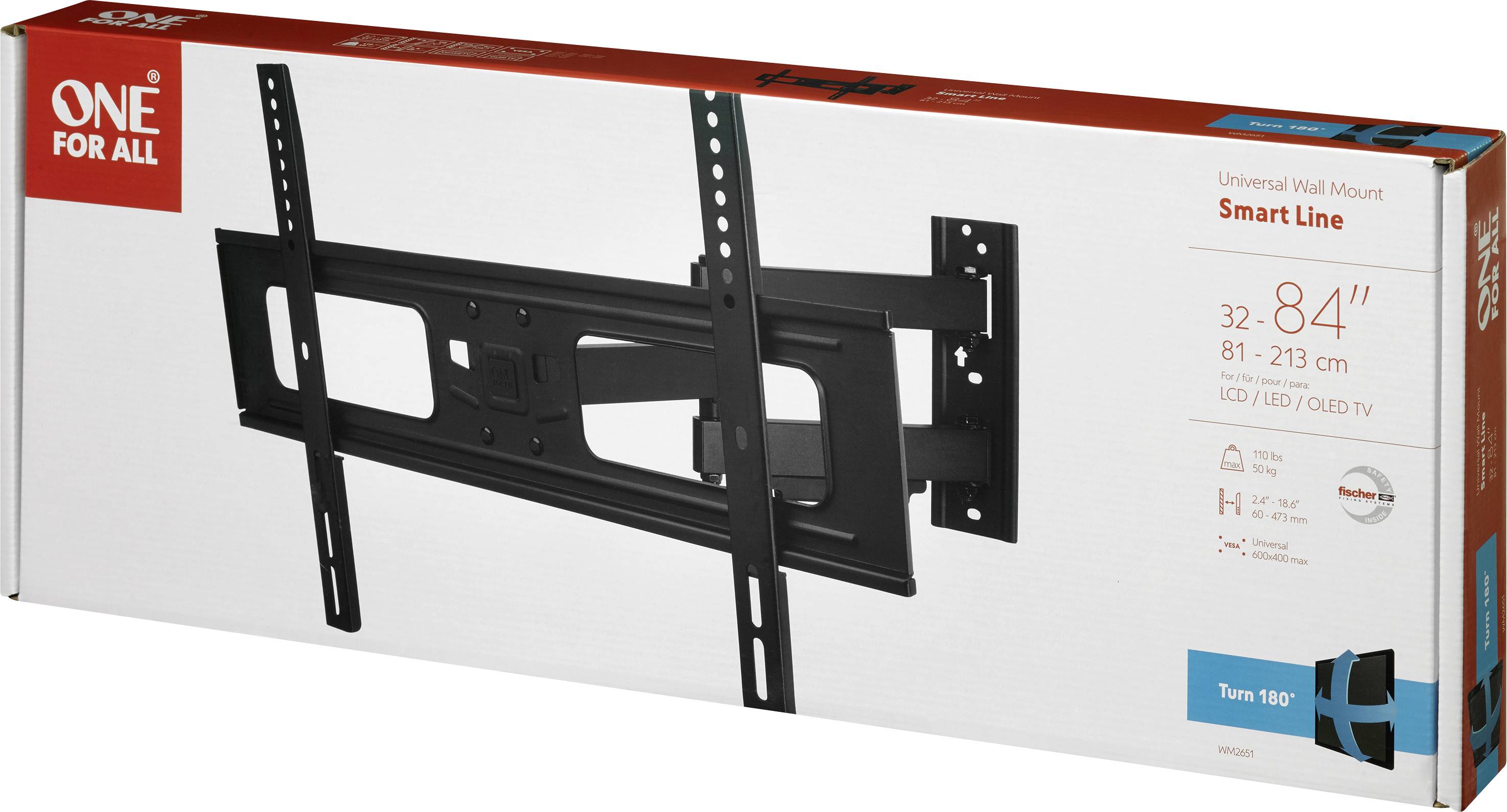 Kartonschachtel mit Wandhalterung für Fernseher. Aufschrift: 'Universal Wall Mount Smart Line'. Geeignet für 32-84 Zoll Fernseher.