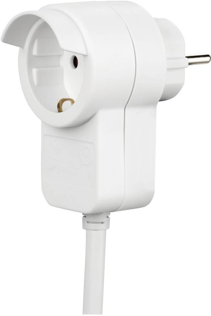 Ein weißer, rechtwinkliger Steckdosenadapter mit Erdungskontakt, an einem Kabel befestigt, vor neutralem Hintergrund.
