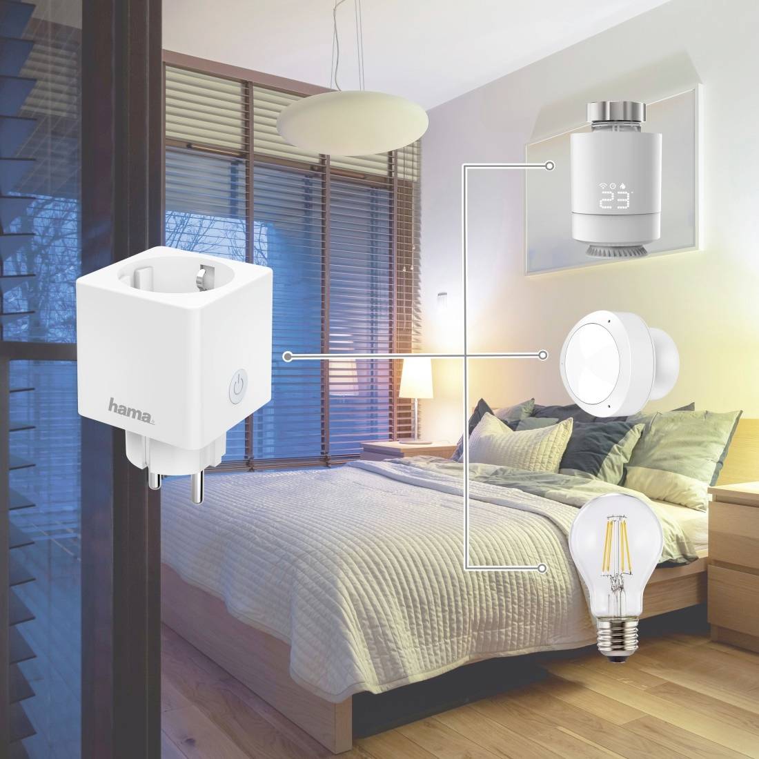 'Smart-Home-Bedroom-Setup: Intelligente Steckdose, Thermostat, Bewegungssensor und Glühbirne vernetzt, zur Steuerung und Optimierung.'