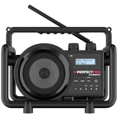 Tragbares Radio mit Display, zeigt 'Radio Veronica' und 'Pop Music'. Große Lautsprecher, robuste Bauweise, schwarzes Design.