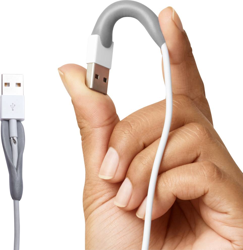 Eine Hand hält ein USB-Kabel mit flexiblem, biegbaren Anschluss. Ein zusätzliches Bild links zeigt das gesamte Kabel.