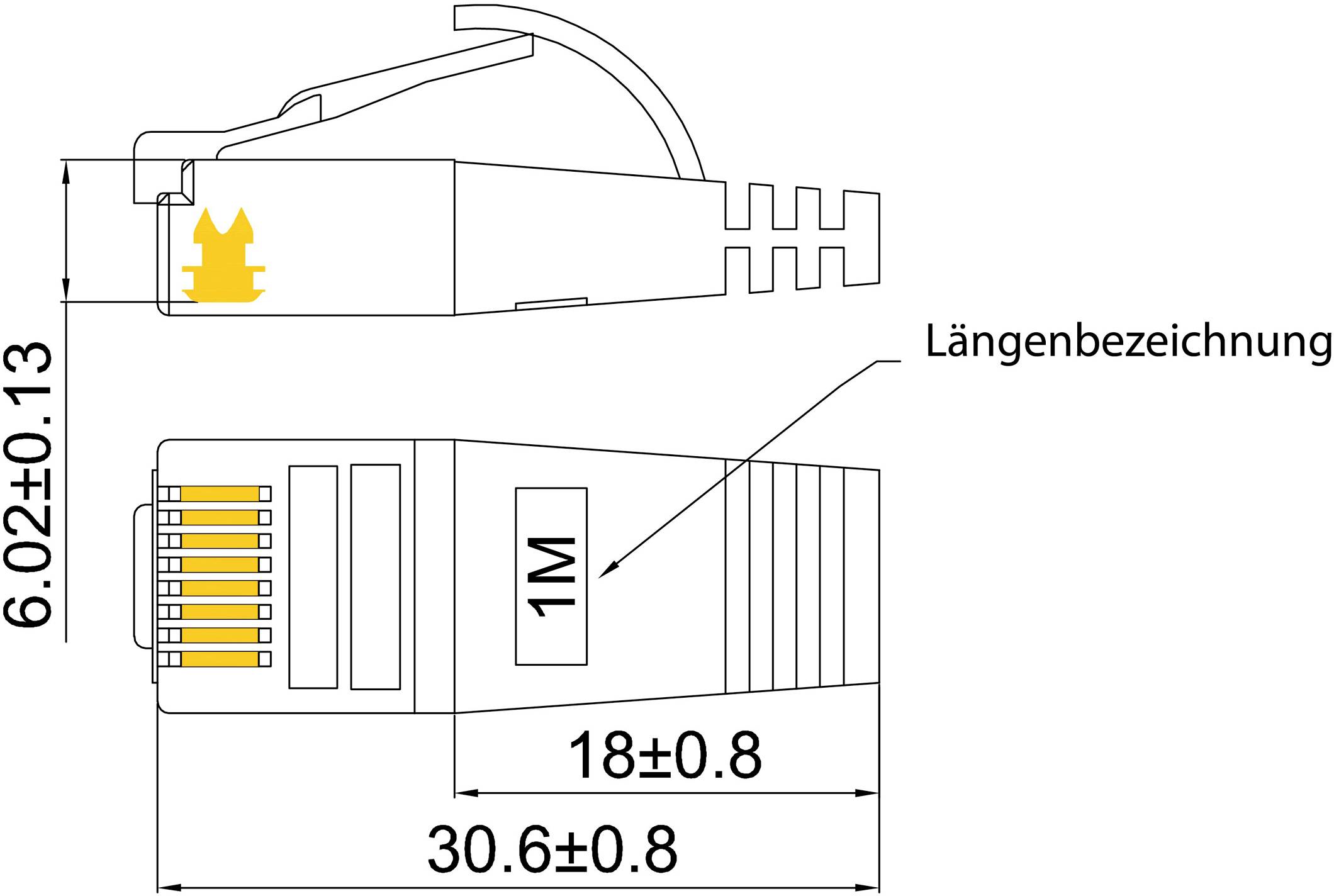 Abbildung eines RJ45-Steckers mit Maßangaben: Breite 6,02±0,13 mm, Länge 30,6±0,8 mm, Markierung '1M' für Kabellänge.
