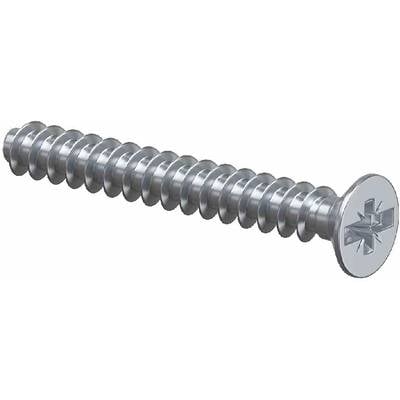 Ein silberfarbener, metallischer Kreuzschlitzschraube mit Vollgewinde und flachem Kopf, schwebend auf weißem Hintergrund.