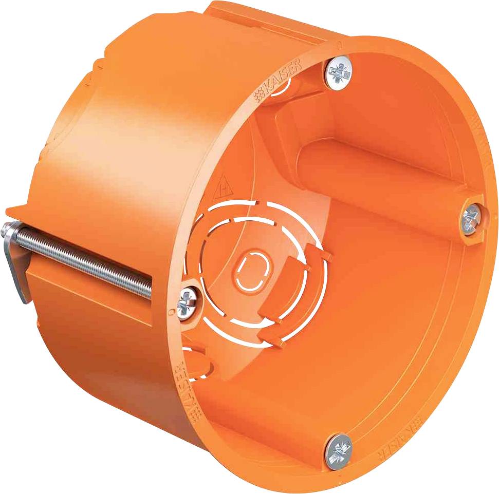 Orange Elektrodose aus Kunststoff mit sichtbarer Befestigungsschraube und einem kreisförmigen Innenmuster.