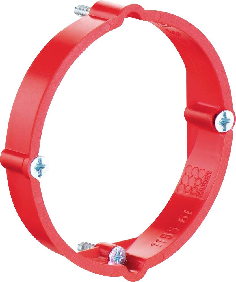 Roter Montagekragen aus Kunststoff mit vier Befestigungsschrauben, oft für die Installation von elektrischen Geräten verwendet.