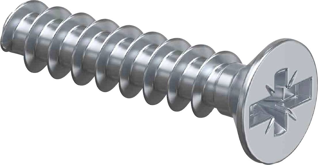 Eine silberne Kreuzschlitzschraube mit glattem, glänzendem Finish, die diagonale Rillen auf dem Kopf zeigt.